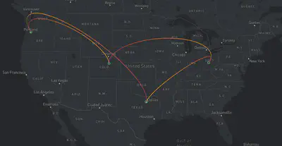 map of the united states indicating the geographic location of traveled airports